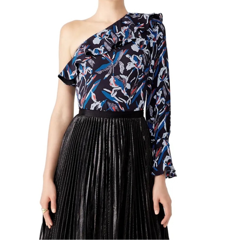 Tanya Taylor Orla Blue Black Red‎ Flora One Shoulder Silk Ruffle Top Size 12 - Picture 4 of 12